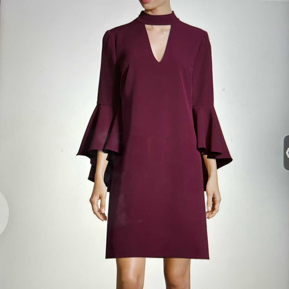 Milly Andrea Bell Sleeves Wine Color Choker V-neck Dress Size 10